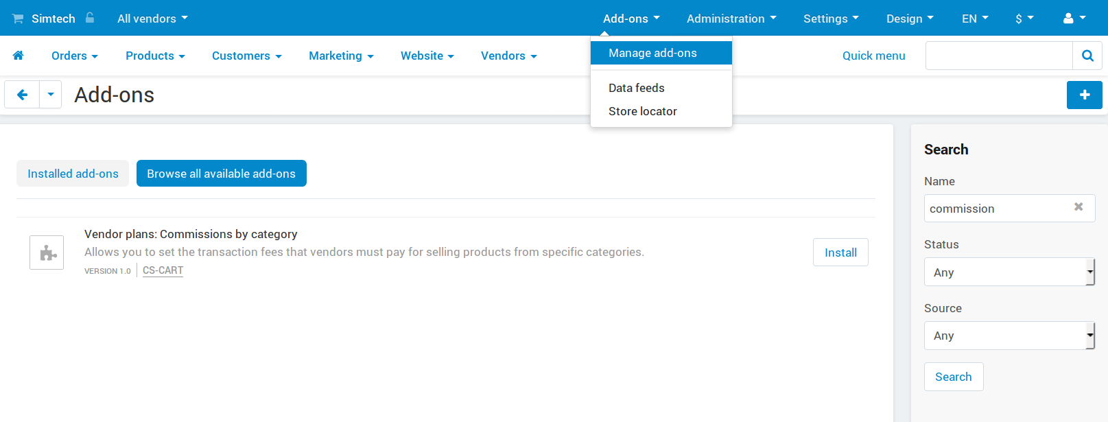 Το Πρόσθετο "Vendor plans: Commissions by category" στη λίστα των πρόσθετων.