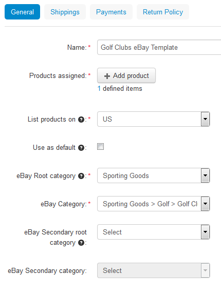 Ρύθμιση των γενικών ρυθμίσεων του προτύπου eBay σας στην καρτέλα General.