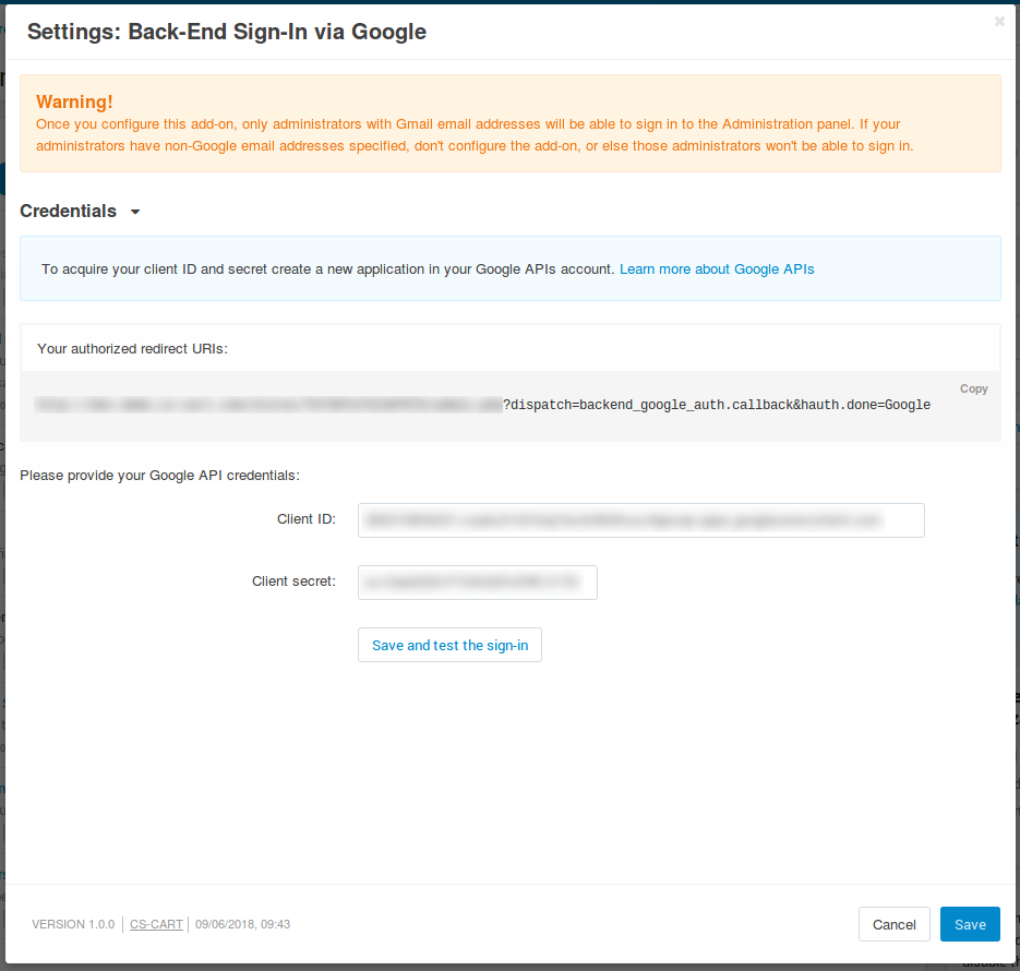 Οι ρυθμίσεις του Πρόσθετου Google Back-End Sign-In.