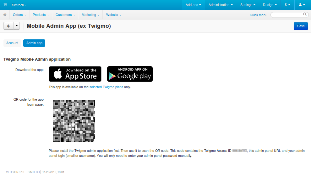 Το tab "Admin app" περιέχει κωδικούς QR και συνδέσμους για να λάβετε την εφαρμογή.