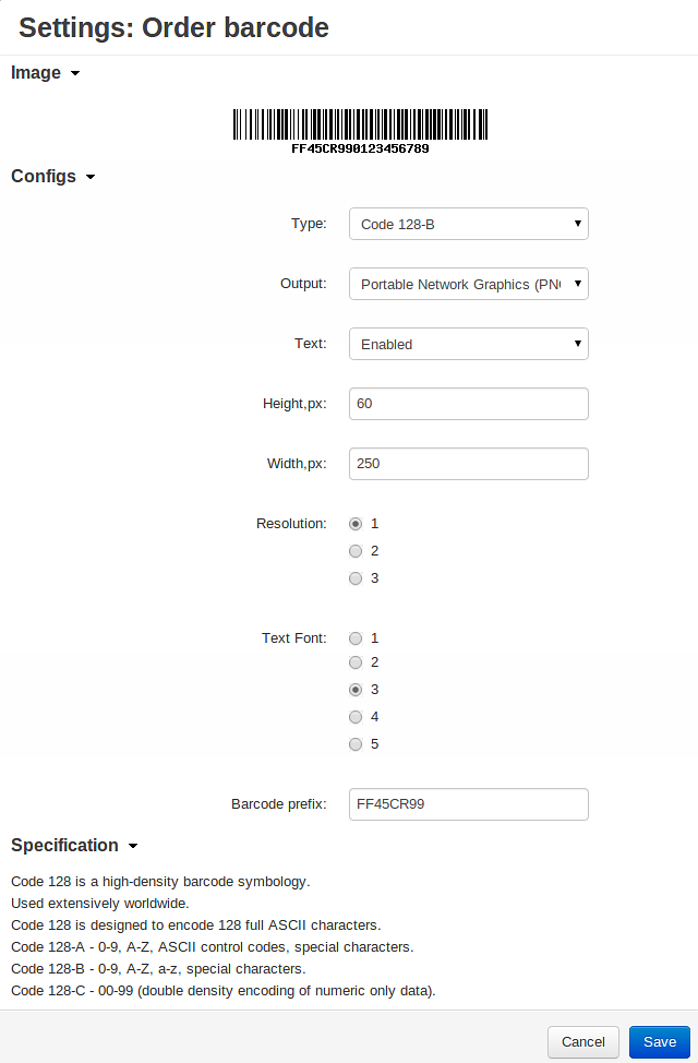 Ρυθμίσεις προσθέτου Order barcode