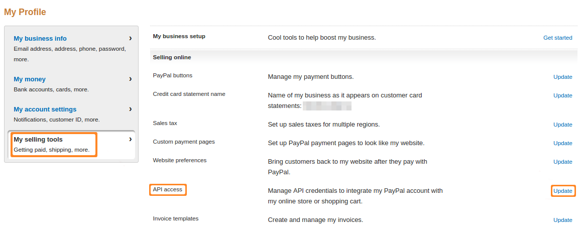 Μεταβείτε στην ενότητα "My selling tools" και ενημερώστε τις ρυθμίσεις πρόσβασης API.