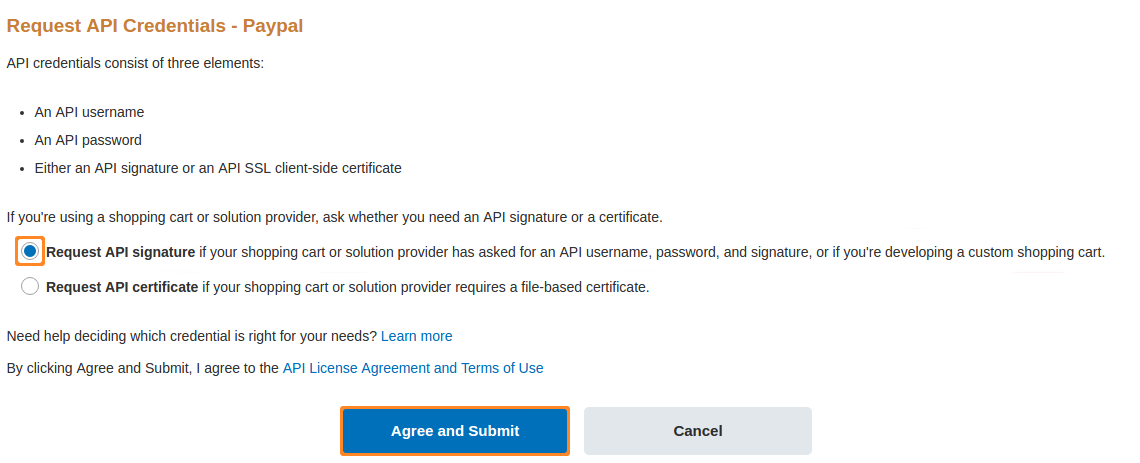 Επιλογή μεταξύ API signature και certificate.