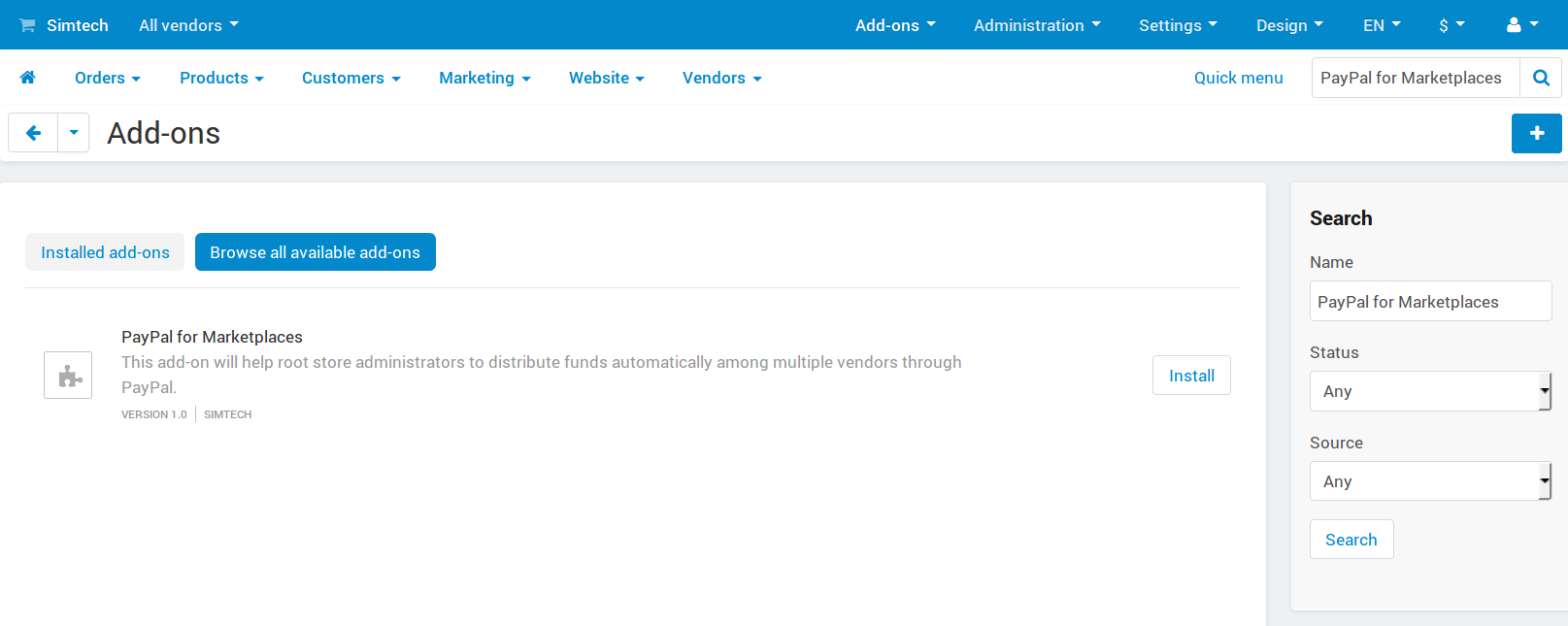 Το πρόσθετο PayPal for Marketplaces στο CS-Cart Multi-Vendor.