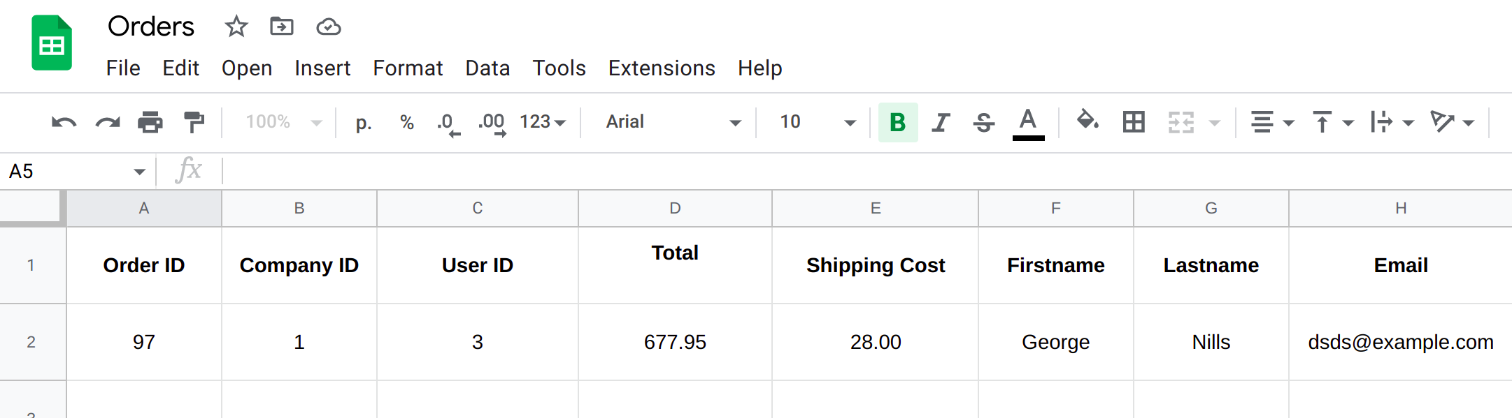 Παράδειγμα Google Sheet με στοιχεία παραγγελιών.