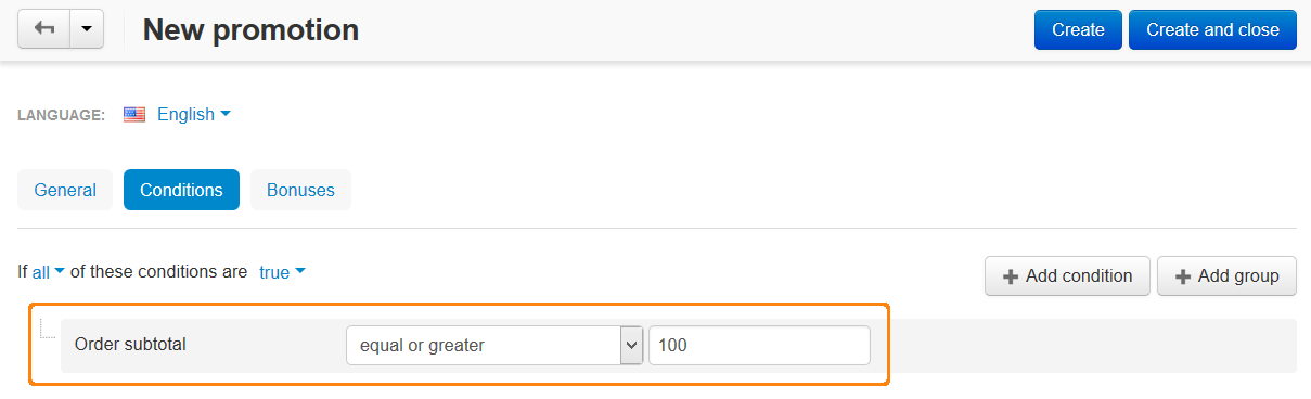 The Conditions tab determines when the promotion applies.