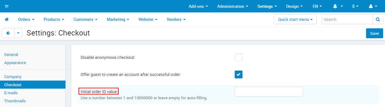 Initial order ID in CS-Cart settings.