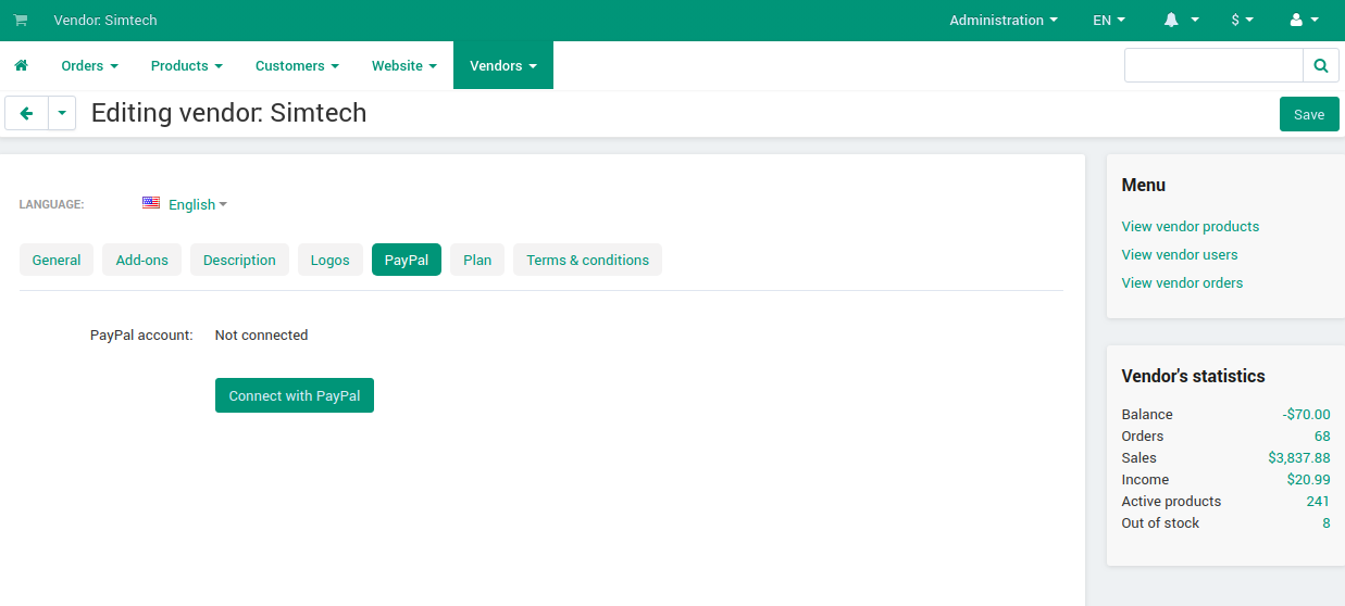 Connecting with paypal in the vendor's settings
