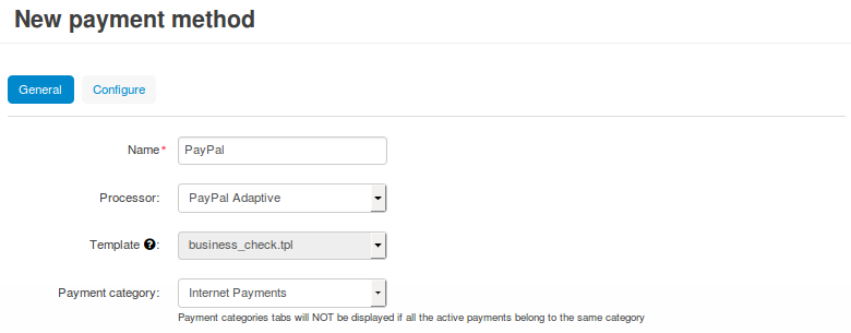 Οι γενικές ρυθμίσεις μιας μεθόδου πληρωμής PayPal Adaptive.