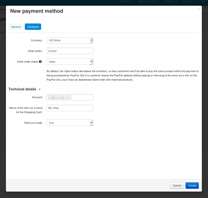 Διαμόρφωση ρυθμίσεων PayPal Standard.