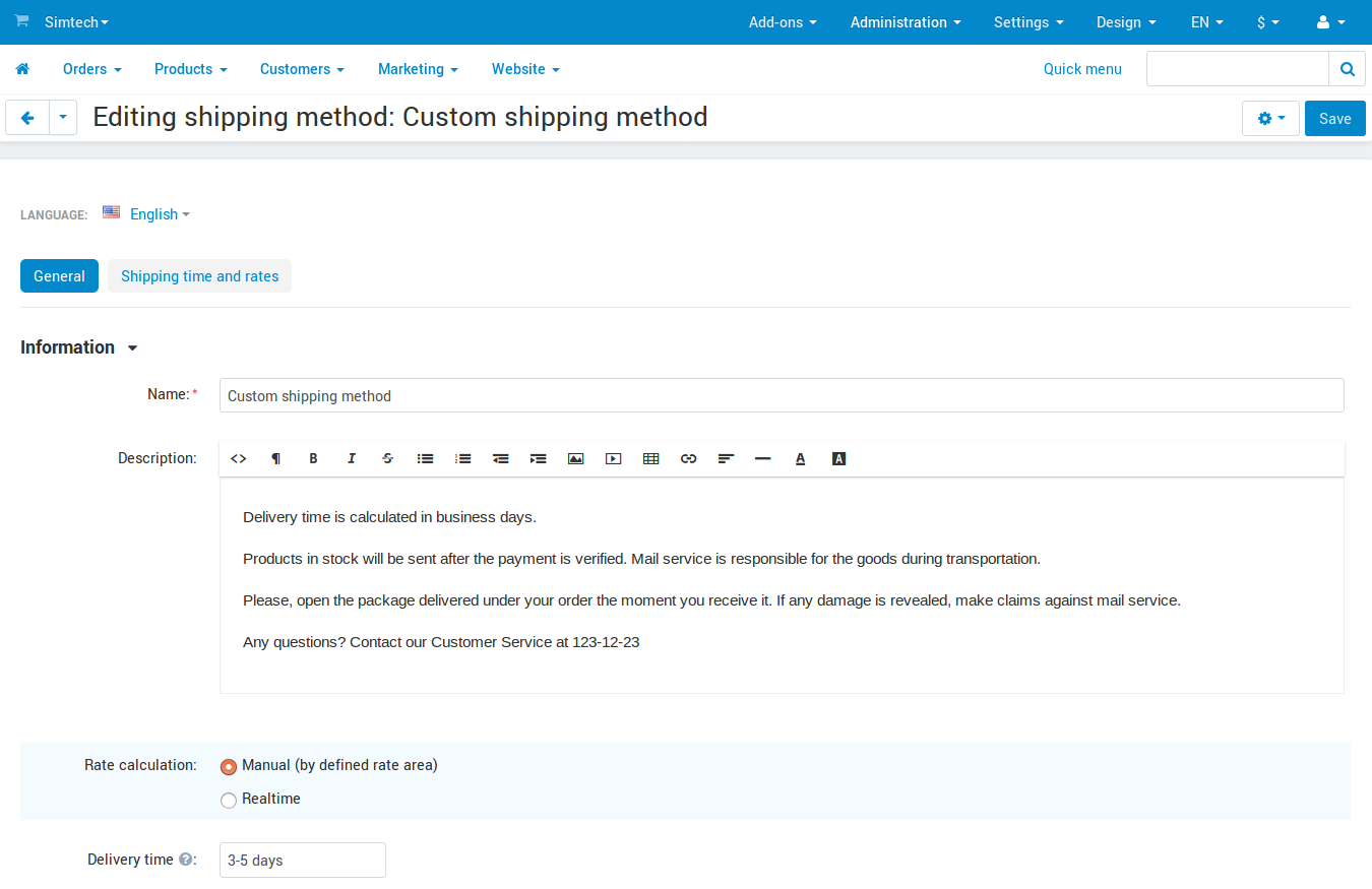 Creating a shipping method with pre-determined rates in CS-Cart.