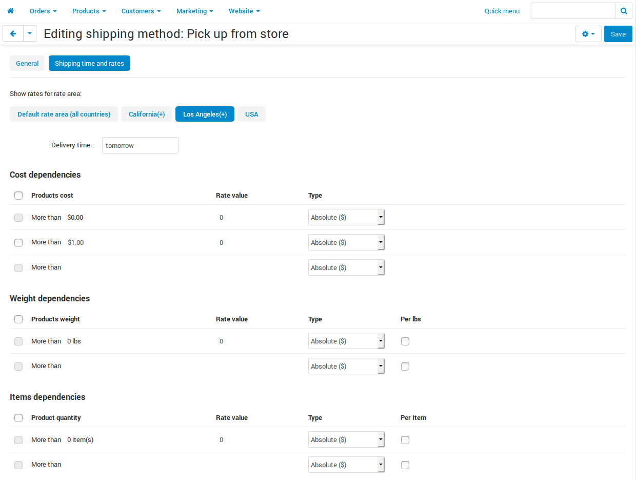 The rate areas where the shipping method is available are marked with the plus sign (+)