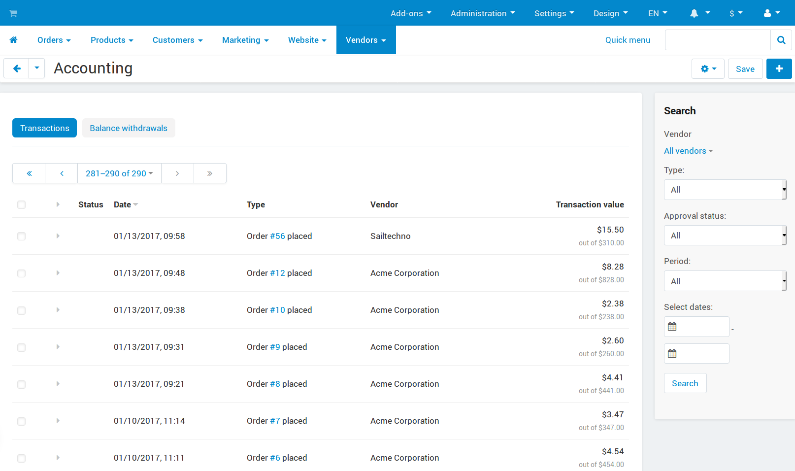 Η σελίδα Λογιστικής στο Multi-Vendor.