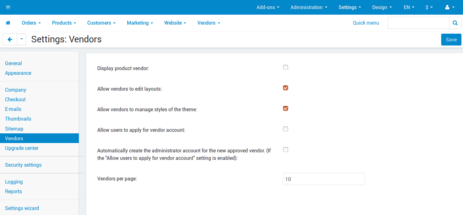 Πηγαίνετε στο Settings → Vendors για να καθορίσετε εάν οι πωλητές θα πρέπει να μπορούν να επεξεργάζονται διατάξεις και στυλ.
