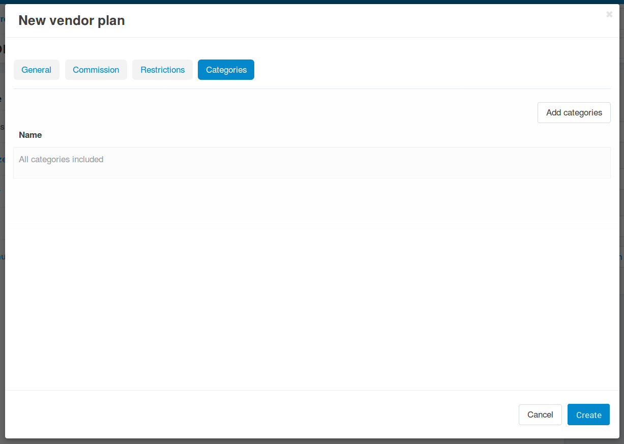 The "Categories" tab of a vendor plan.