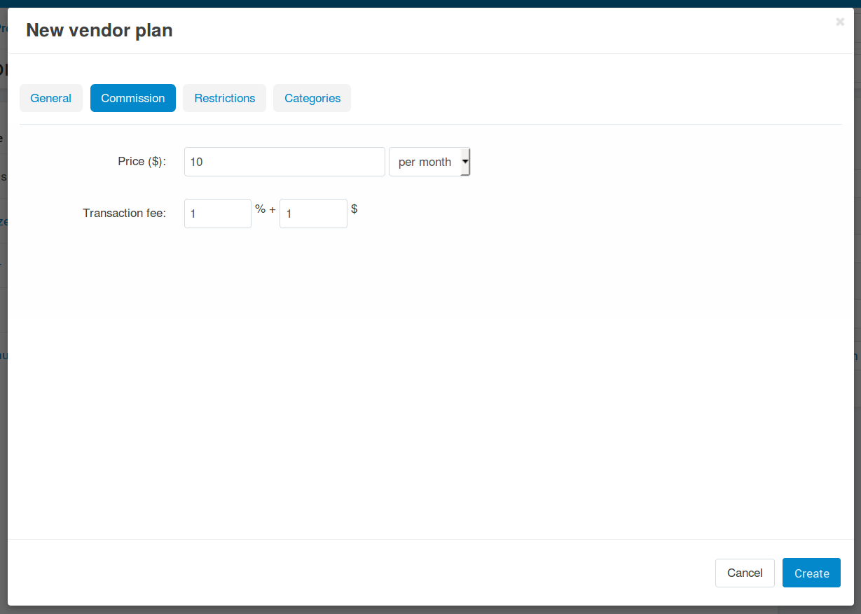 The "Commission" tab of a vendor plan.